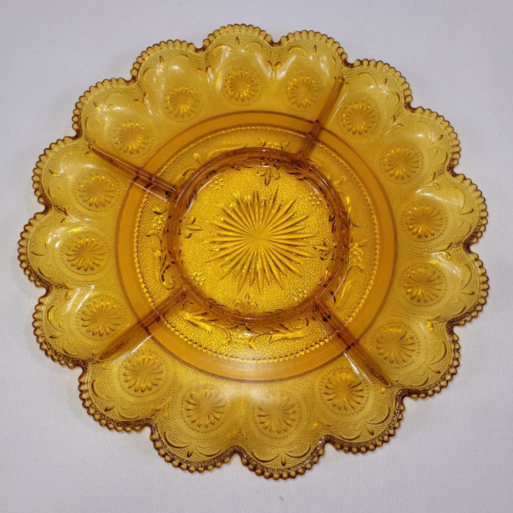 Carnival Glass Vintage 11" Amber Deviled Egg Oyster Divided Plate Dish